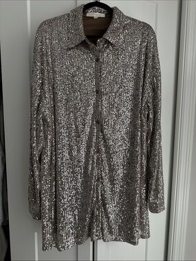Sequin Dress or Open Front Shirt Jacket - Silver Taupe, Size XL
